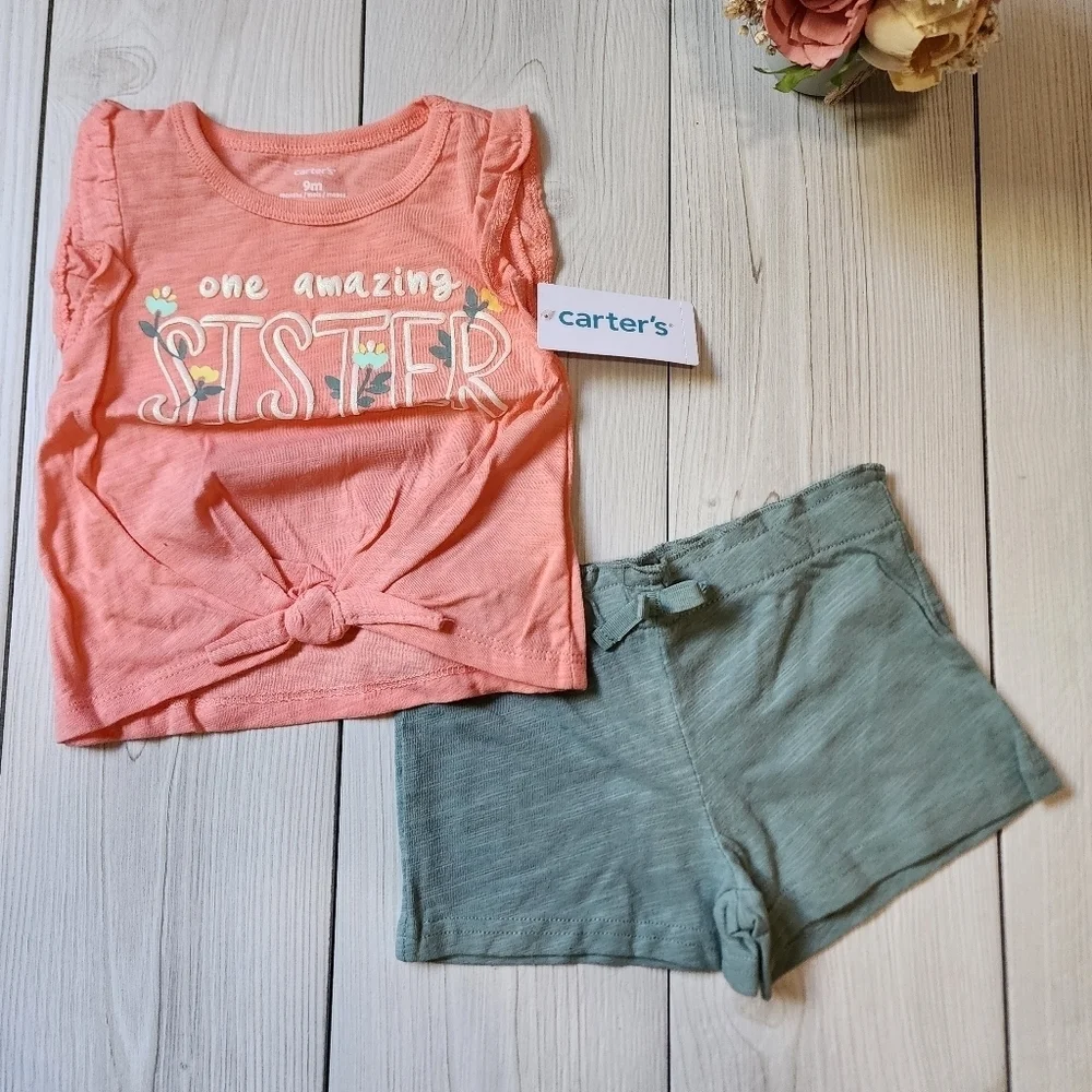 Carter's peach tank top and olive green short set size 9mo NWT